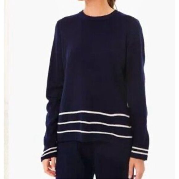 Tuckernuck Navy Striped Crew Neck Preppy Bell Sleeve Sweater size L - Picture 1 of 8